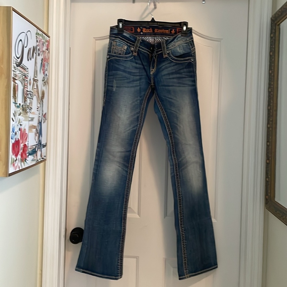 Rock Revival Boot cut jeans rhinestone flap pockets
